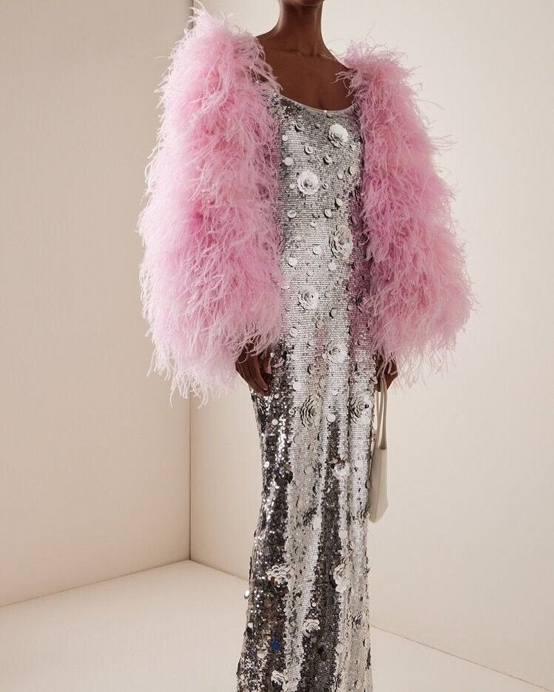 Sequined Mermaid Gown with Pink Feather Cape H6787