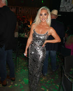 Sequined Mermaid Gown with Pink Feather Cape H6787