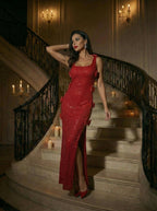 Sequined Red Bow Side Slit Gown H7125