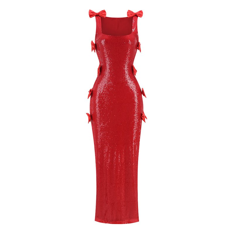 Sequined Red Bow Side Slit Gown H7125