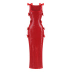 Sequined Red Bow Side Slit Gown H7125