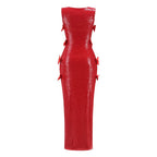 Sequined Red Bow Side Slit Gown H7125