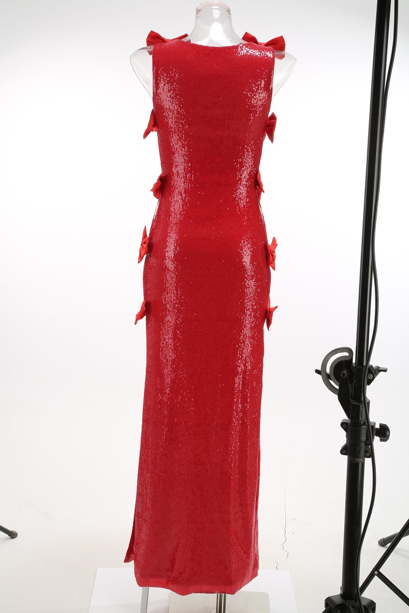 Sequined Red Bow Side Slit Gown H7125