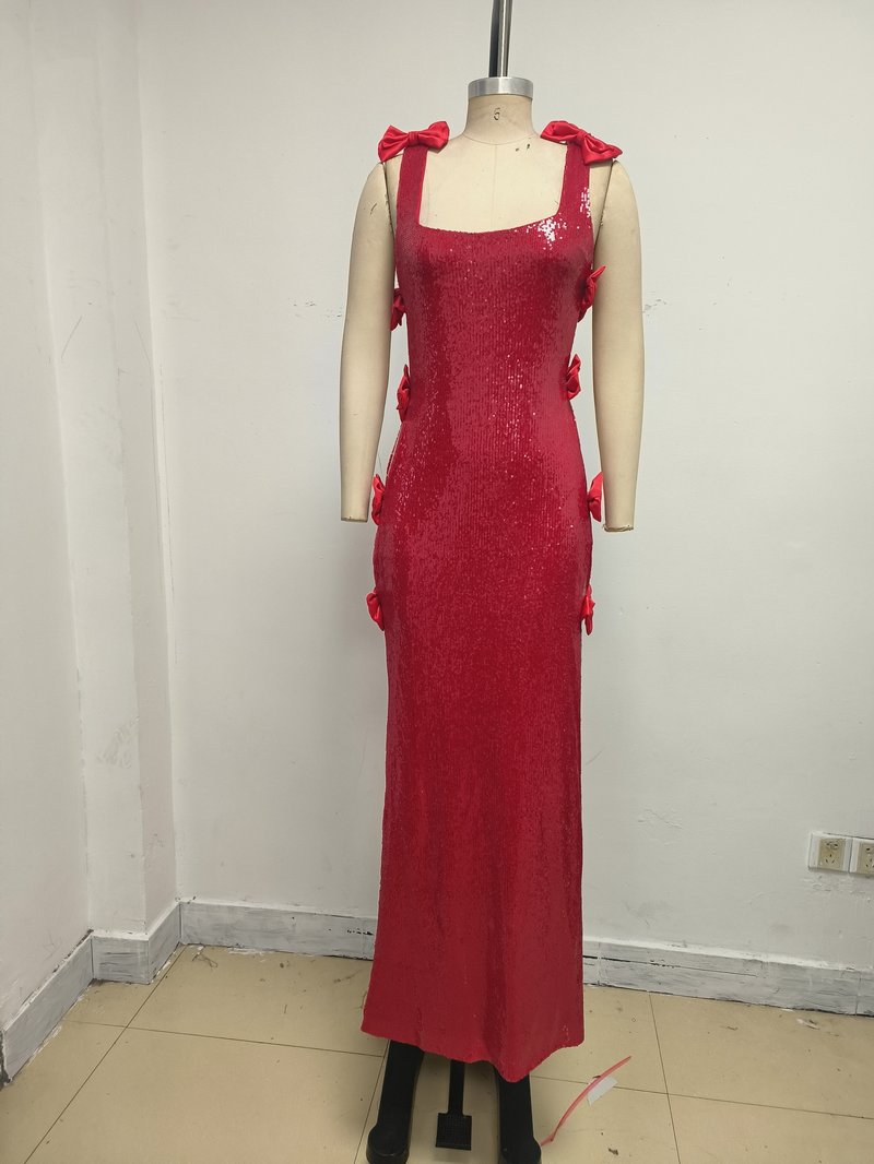 Sequined Red Bow Side Slit Gown H7125