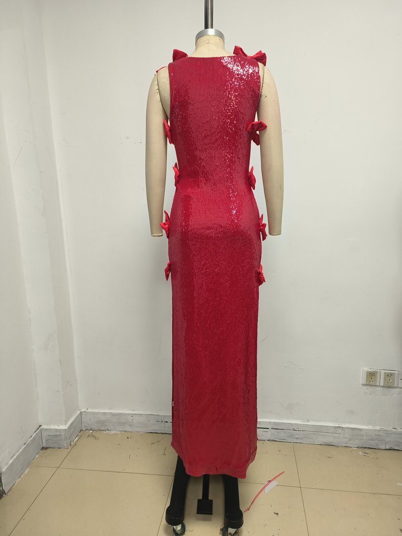 Sequined Red Bow Side Slit Gown H7125