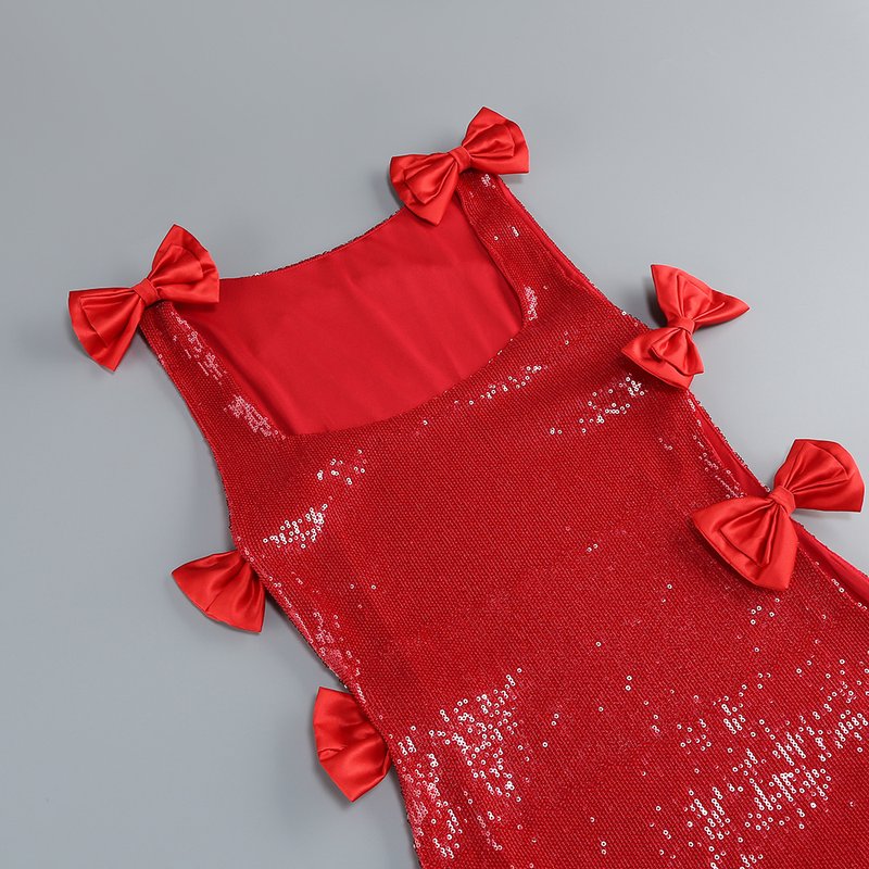Sequined Red Bow Side Slit Gown H7125