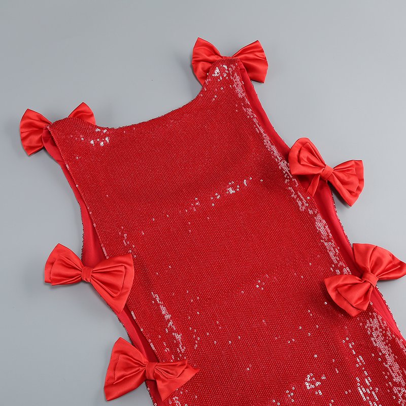 Sequined Red Bow Side Slit Gown H7125