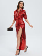 Sequined Red Shirt Maxi Dress H6092