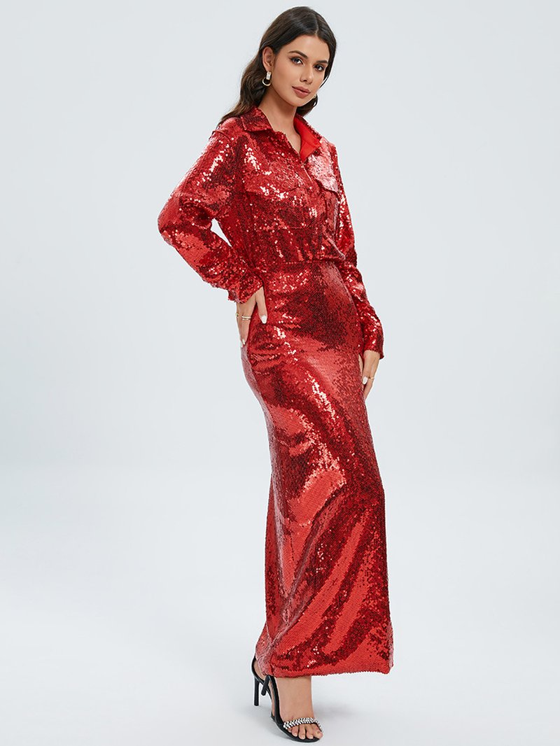 Sequined Red Shirt Maxi Dress H6092
