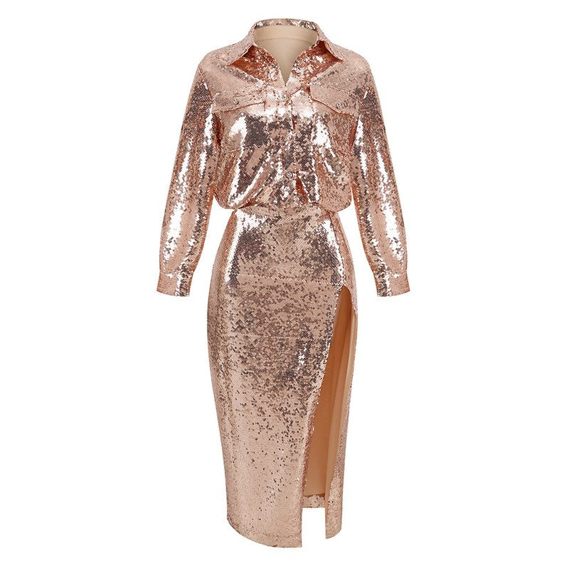 Sequined Red Shirt Maxi Dress H6092