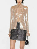Sequined Sheer Button-Up Blouse H6463