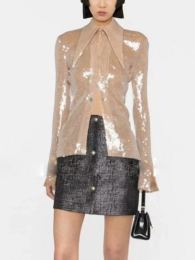 Sequined Sheer Button-Up Blouse H6463