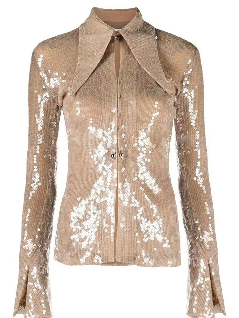 Sequined Sheer Button-Up Blouse H6463