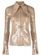 Sequined Sheer Button-Up Blouse H6463