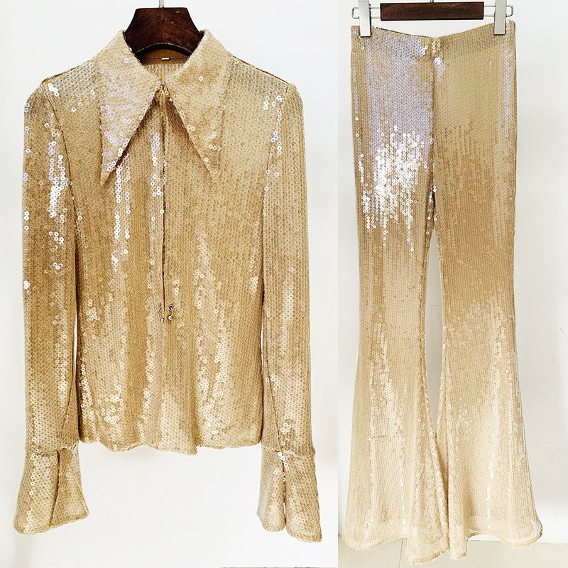 Sequined Sheer Button-Up Blouse H6463