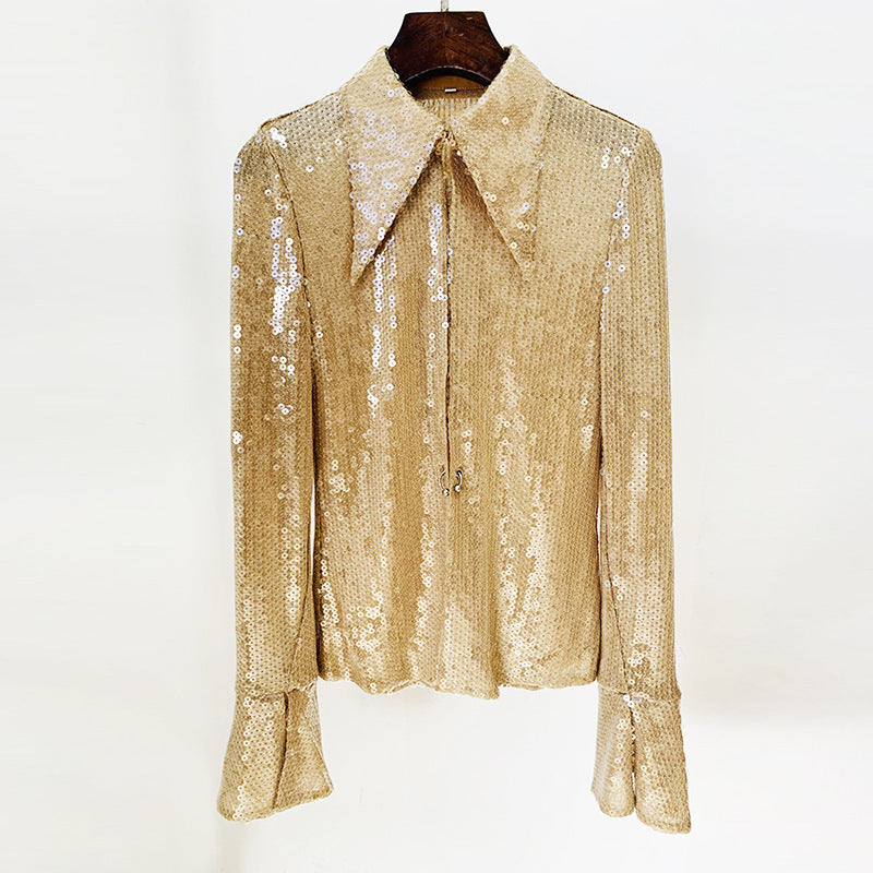 Sequined Sheer Button-Up Blouse H6463
