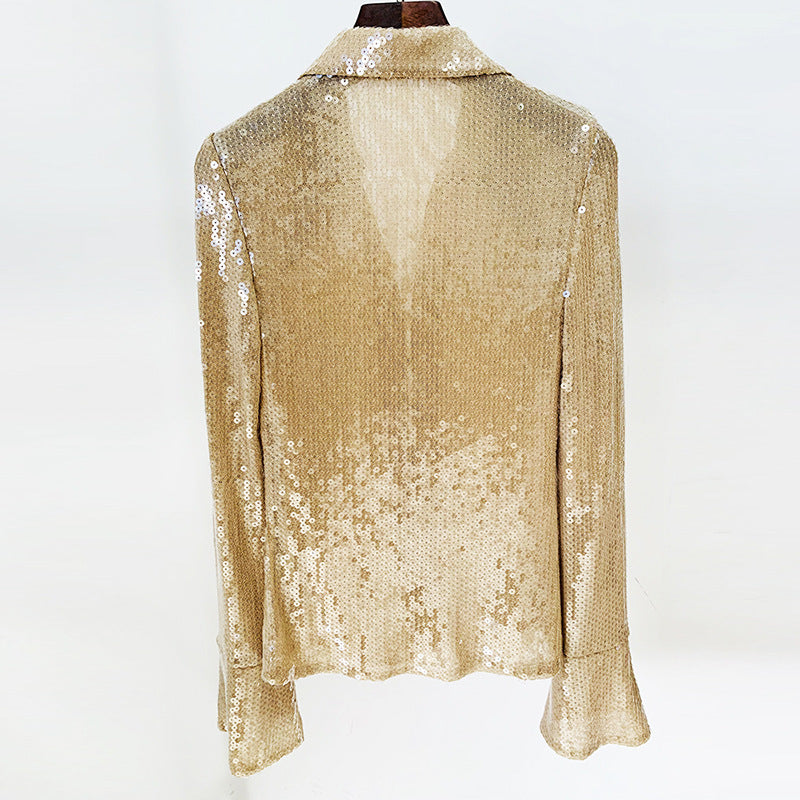 Sequined Sheer Button-Up Blouse H6463