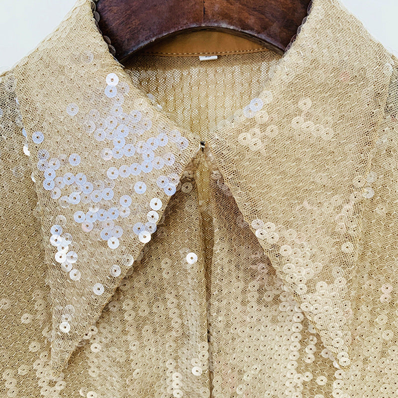 Sequined Sheer Button-Up Blouse H6463