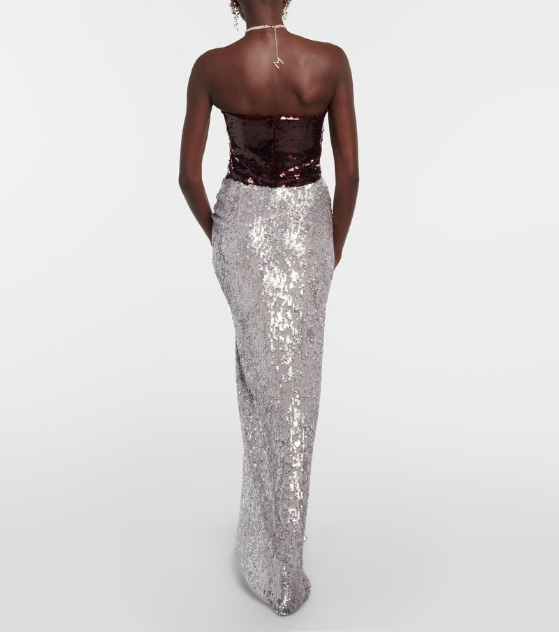 Sequined Strapless Two-Tone Gown H6442