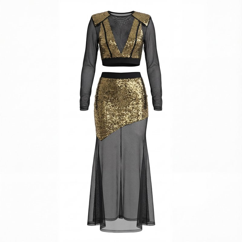 Sequined Two-Piece Sheer Long Sleeve Set H7111