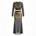 Sequined Two-Piece Sheer Long Sleeve Set H7111