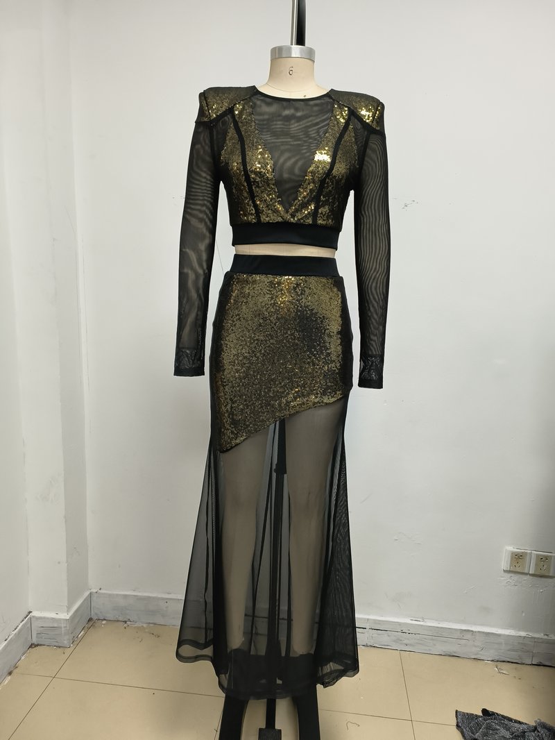 Sequined Two-Piece Sheer Long Sleeve Set H7111