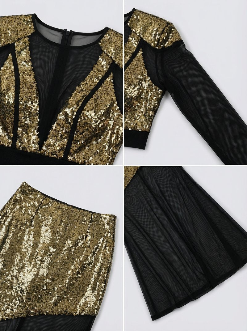 Sequined Two-Piece Sheer Long Sleeve Set H7111
