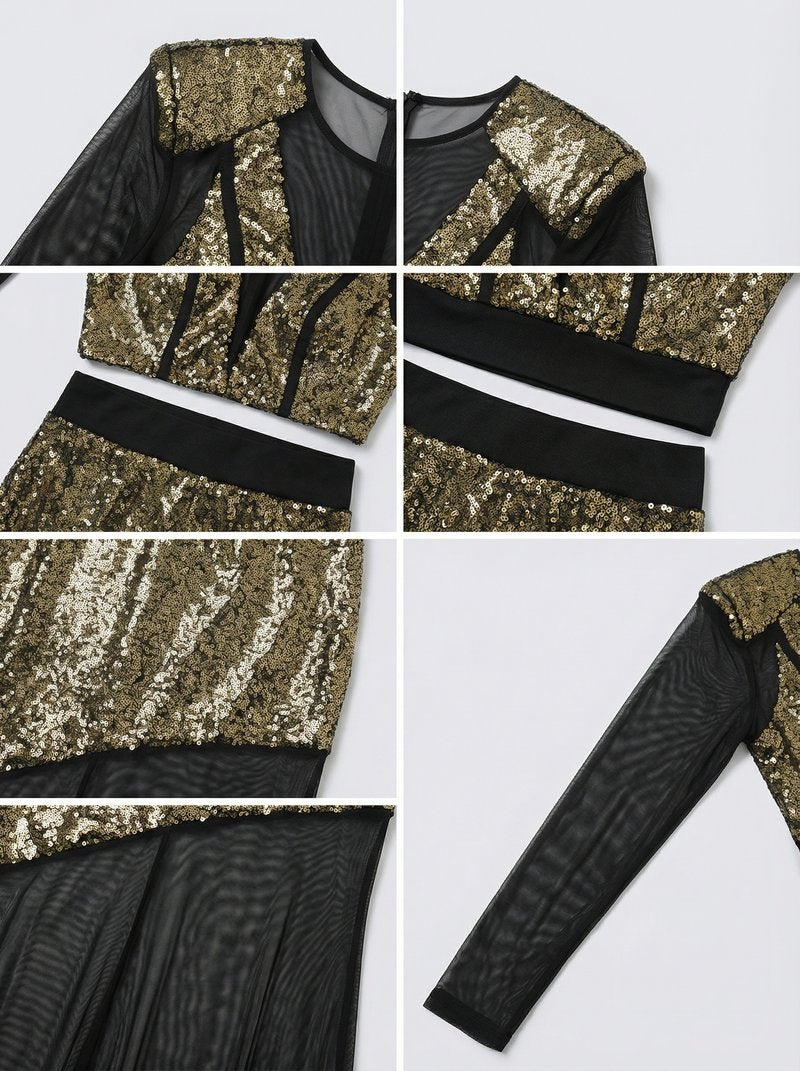 Sequined Two-Piece Sheer Long Sleeve Set H7111