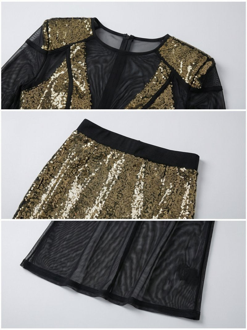 Sequined Two-Piece Sheer Long Sleeve Set H7111