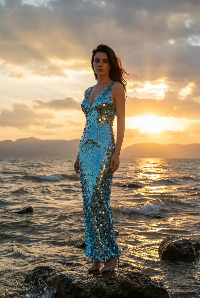 Sequined V-Neck Mermaid Gown H7078