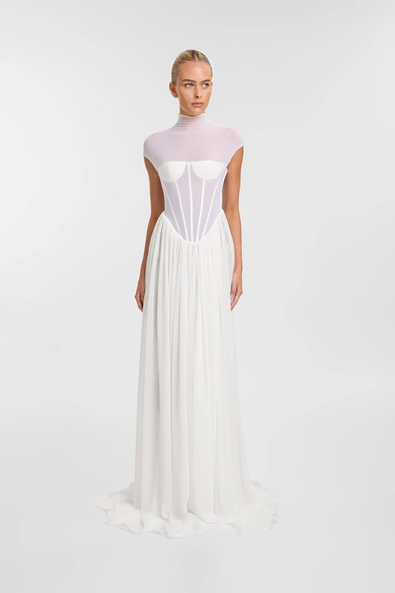 Sheer Bodice Pleated Maxi Dress H6866