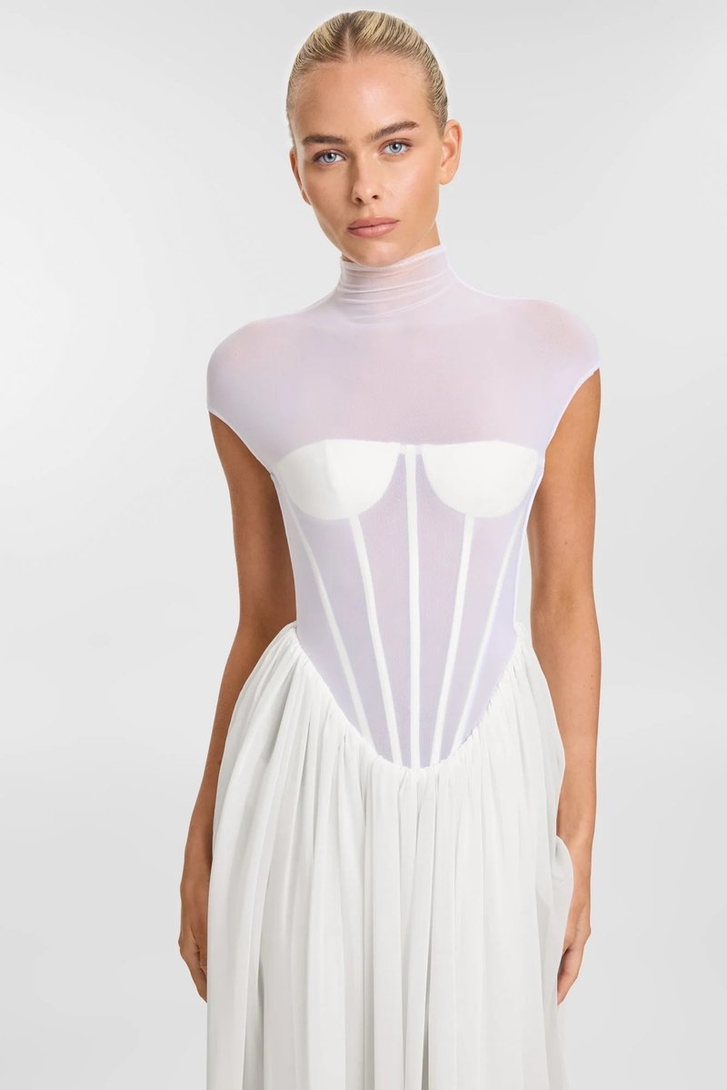 Sheer Bodice Pleated Maxi Dress H6866