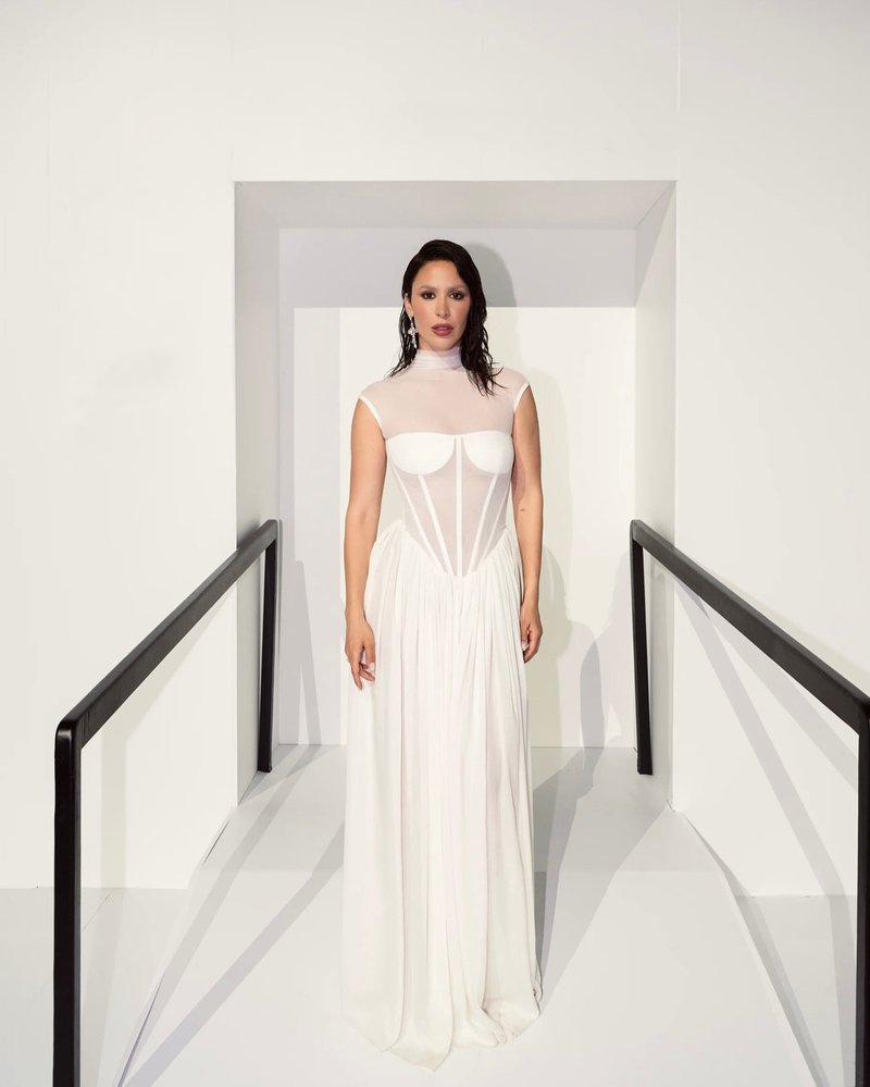 Sheer Bodice Pleated Maxi Dress H6866