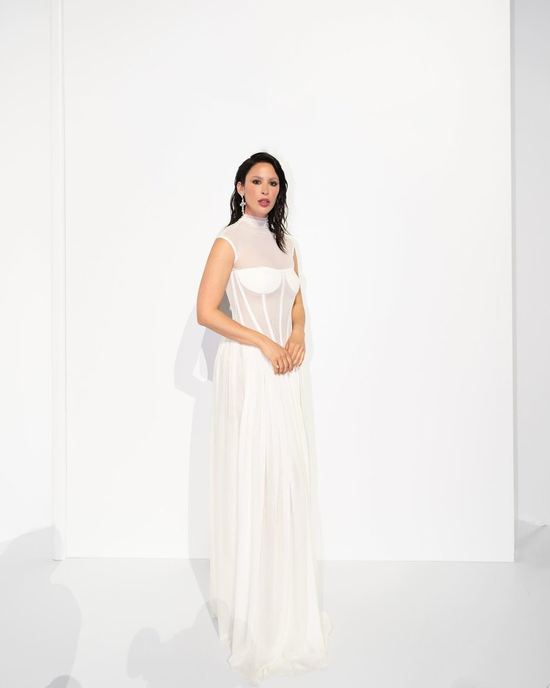 Sheer Bodice Pleated Maxi Dress H6866