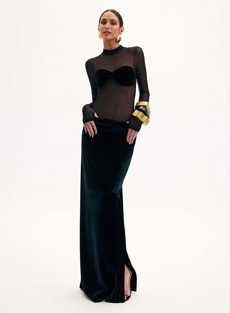 Sheer Long Sleeve Velvet Maxi Dress H6425