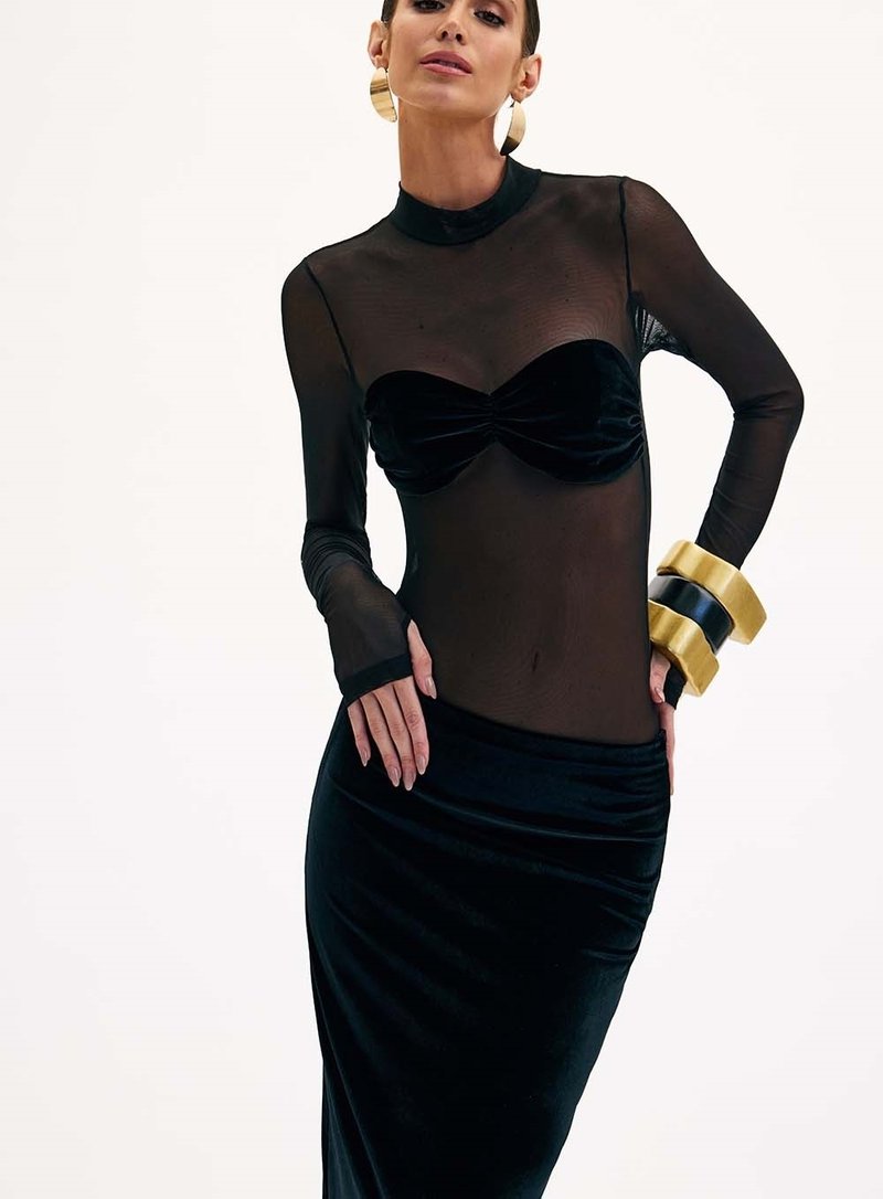 Sheer Long Sleeve Velvet Maxi Dress H6425