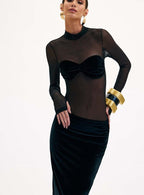 Sheer Long Sleeve Velvet Maxi Dress H6425
