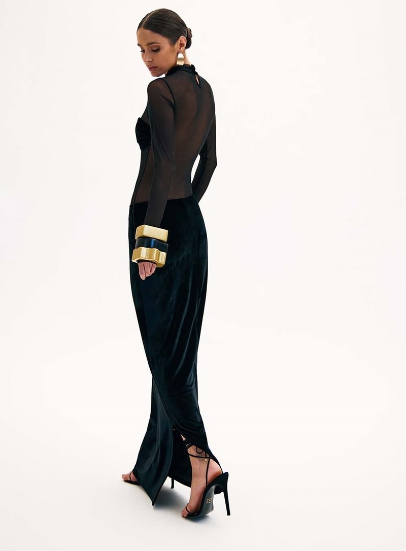 Sheer Long Sleeve Velvet Maxi Dress H6425
