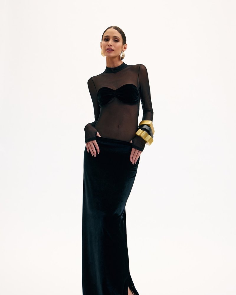 Sheer Long Sleeve Velvet Maxi Dress H6425