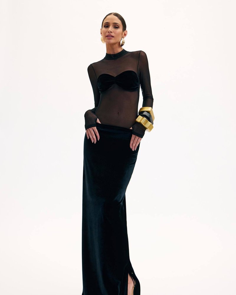 Sheer Long Sleeve Velvet Maxi Dress H6425