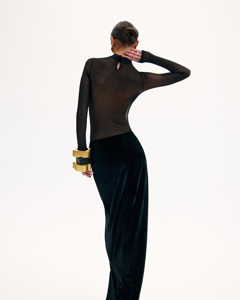 Sheer Long Sleeve Velvet Maxi Dress H6425