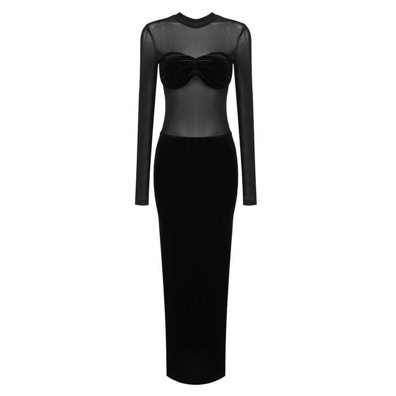 Sheer Long Sleeve Velvet Maxi Dress H6425