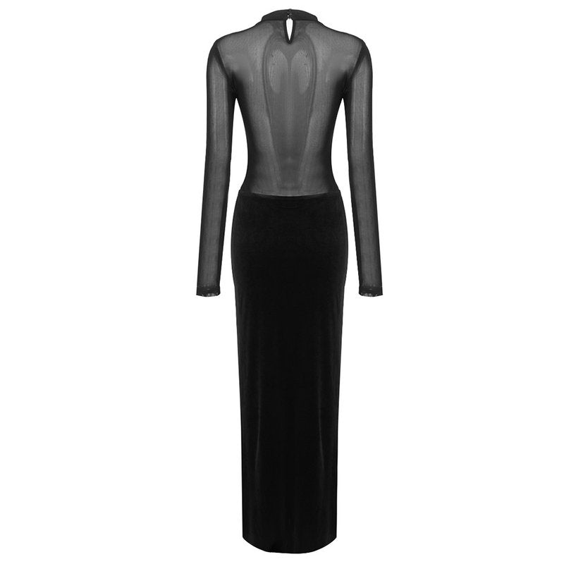 Sheer Long Sleeve Velvet Maxi Dress H6425