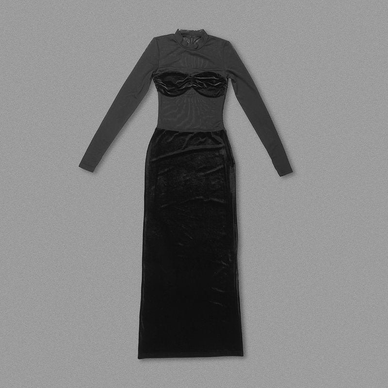 Sheer Long Sleeve Velvet Maxi Dress H6425