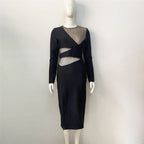 Sheer Mesh Cutout Black Midi Dress H5942