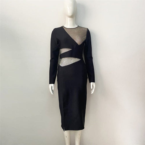 Sheer Mesh Cutout Black Midi Dress H5942