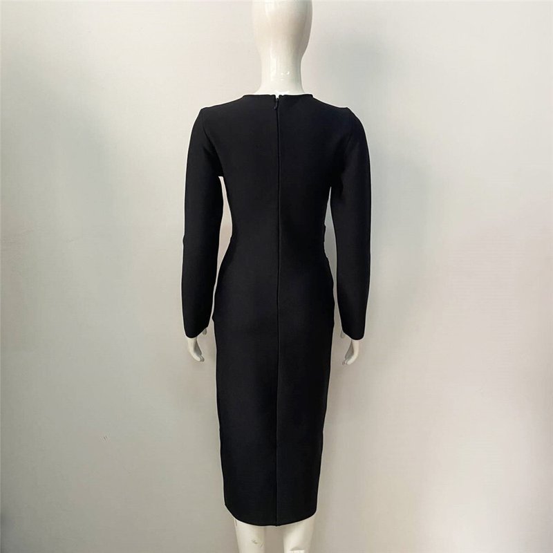 Sheer Mesh Cutout Black Midi Dress H5942