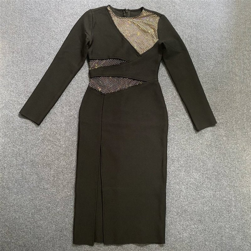 Sheer Mesh Cutout Black Midi Dress H5942
