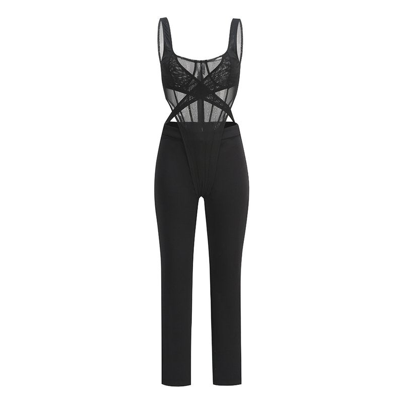 Sheer Mesh Cutout Bodysuit Set H6268