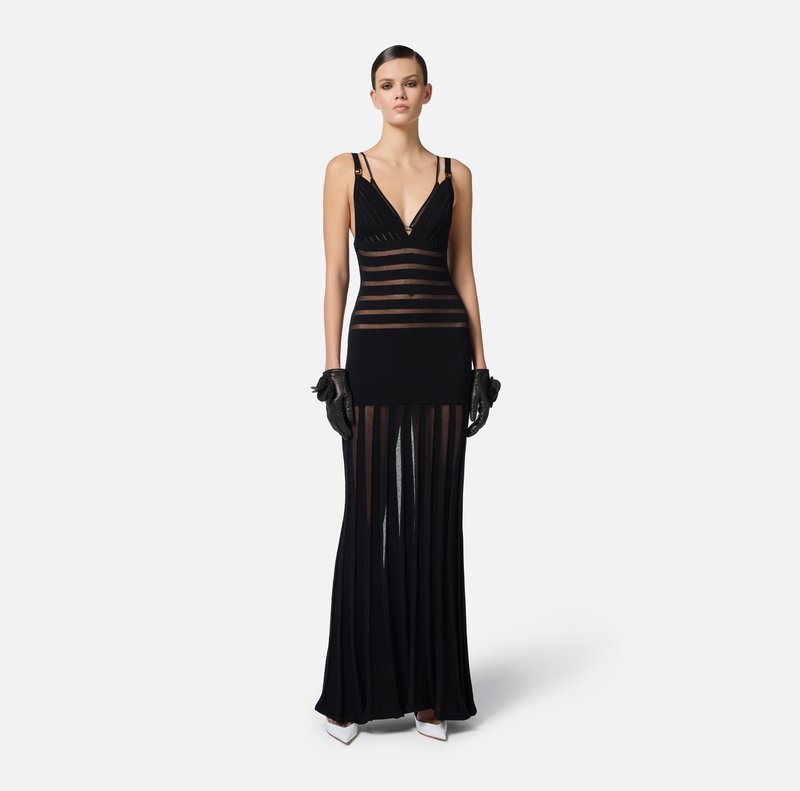 Sheer Panel Black Maxi Dress H6844